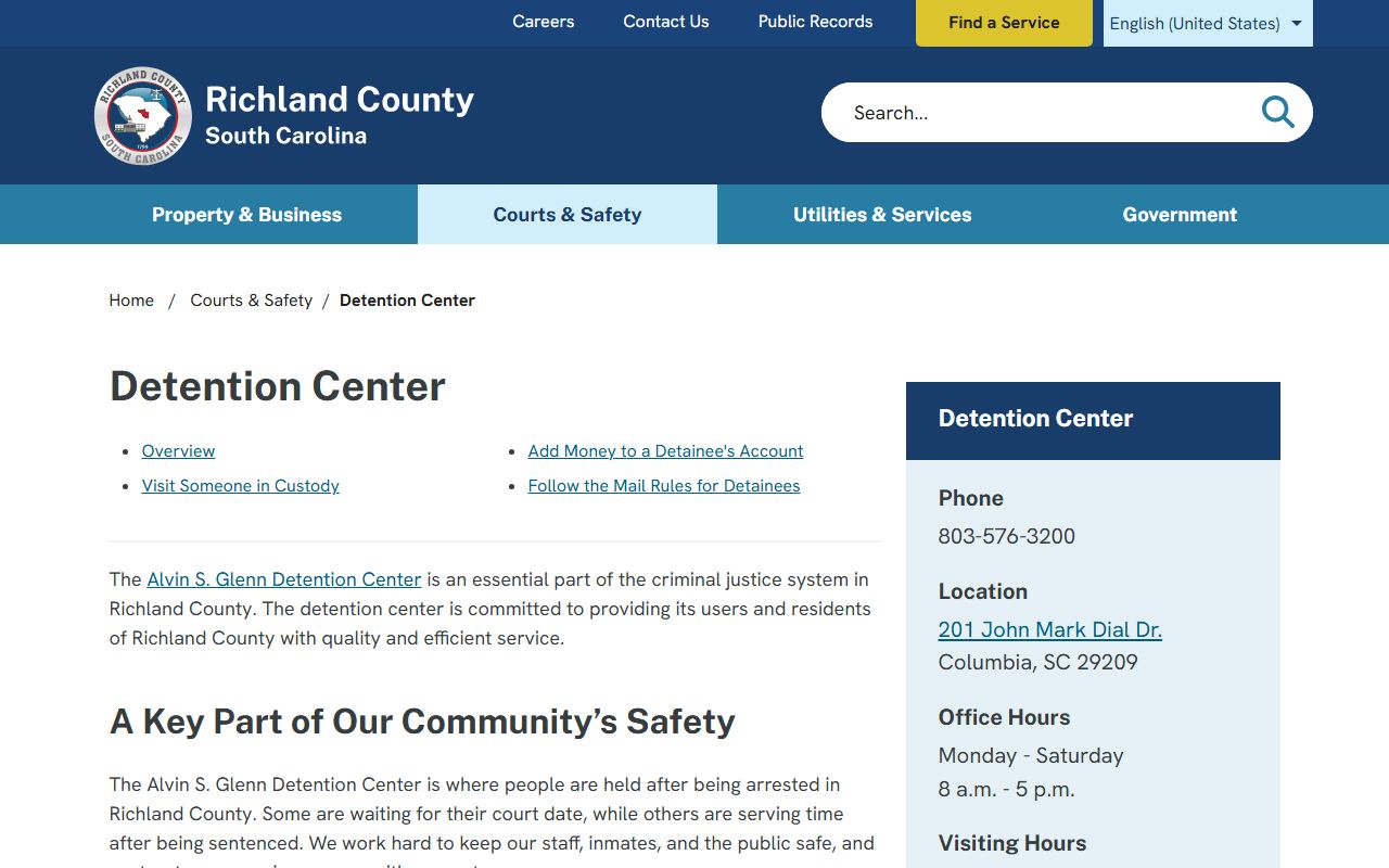 Richland County Alvin S. Glenn Detention Center inmate custody information page