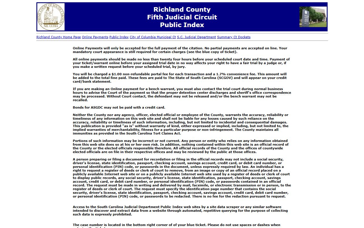 Richland County court records after arrest public index search portal